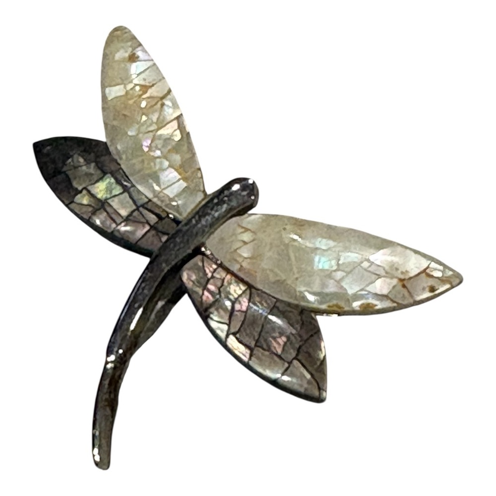 Vintage Dragonfly Brooch Abalone Shell Mosaic Wings Silver Tone J40